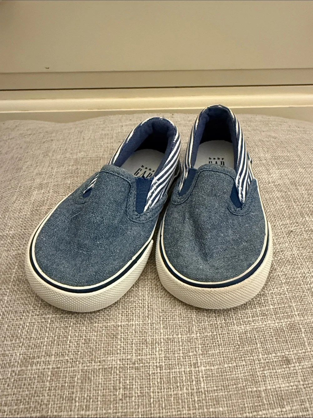 GAP Kids Denim Blue Slip-On Sneakers with Navy Striped Heel